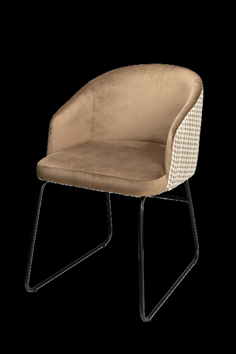 Gastronomie Stuhl Oxford Metal Bequemer Sessel mit braunem Stoffbezug und geflochtenen Seiten in Schwarz.