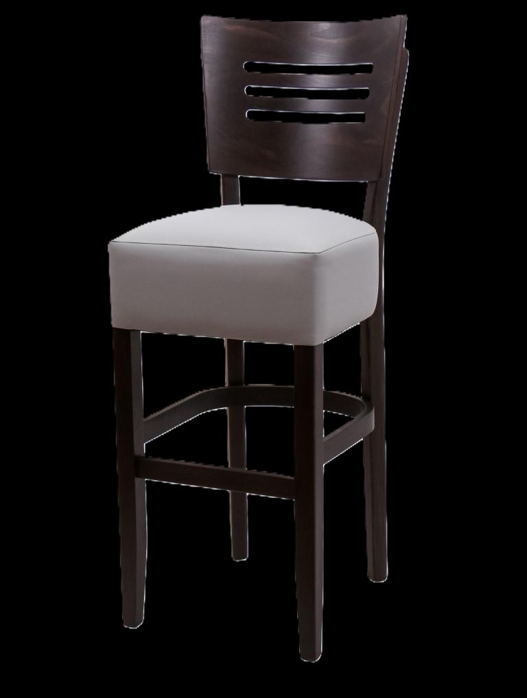 Barhocker Barca Bar Wood Hochstuhl mit dunklem Holzrahmen und beigem gepolstertem Sitz.