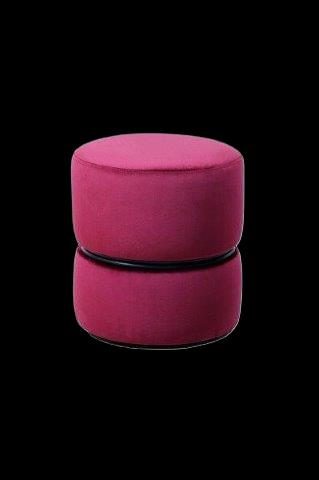 Rund gepolsterter Hocker in kräftigem Pink mit schwarzem Rand.