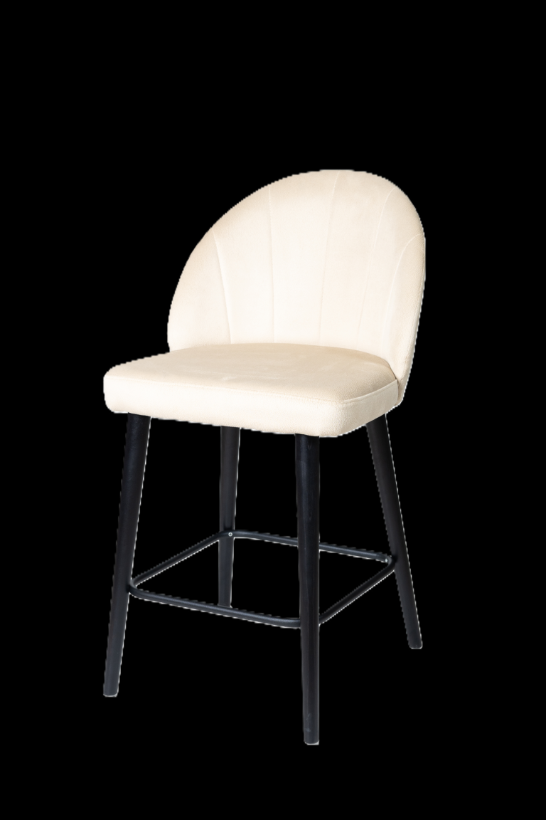 Heller Barhocker mit runder Rückenlehne und schwarzen Beinen.