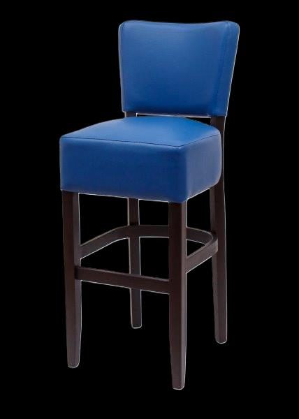 Hochstuhl mit blauer Polsterung und dunklem Holzgestell.