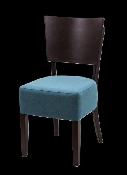 Blauer Stuhl mit Holzbeinen und einer schlichten Rückenlehne.