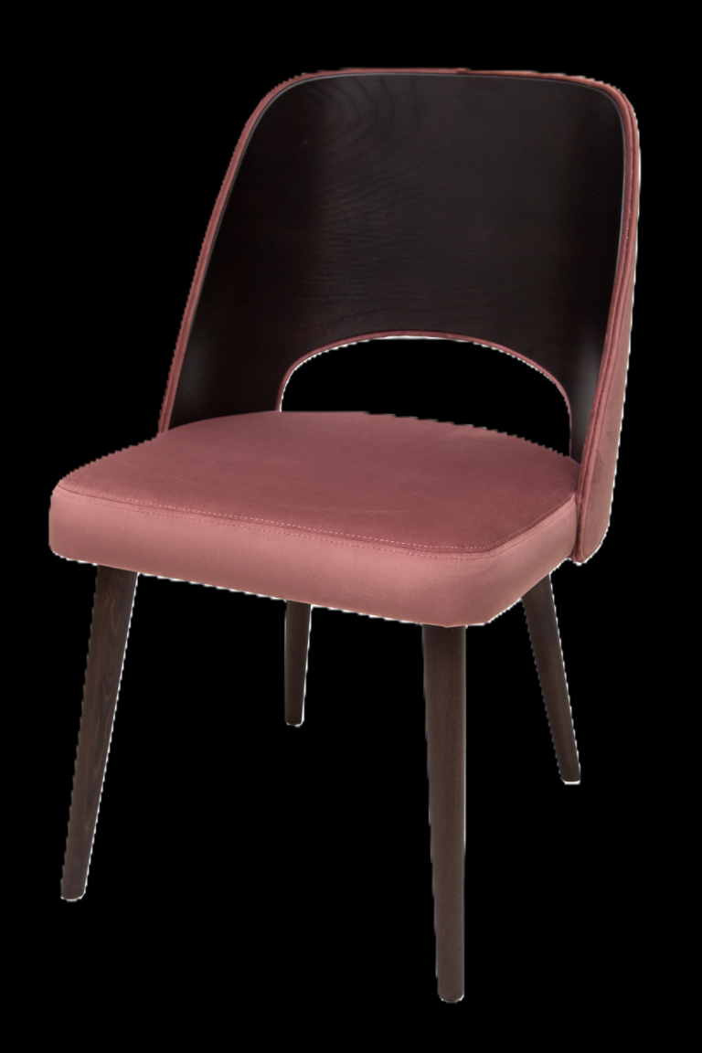 Gastronomie Stuhl Lucern 2 Wood In Moderne Stuhl mit rosa Sitzfläche und dunkelbrauner Rückseite, auf schlanken Holzbeinen.