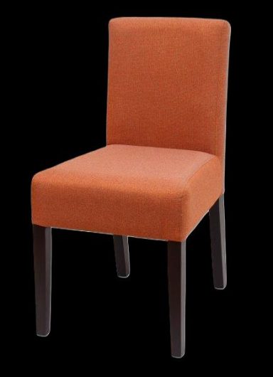 Ein orangefarbener Stuhl mit vier schwarzem Beinen.