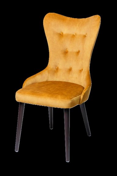 Moderne gelbe Polsterstuhl mit elegantem Design und dunklen Holzbeinen.