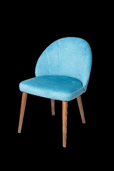 Blaue, gepolsterte Stuhl mit Holzbeinen, schlichtes, modernes Design.