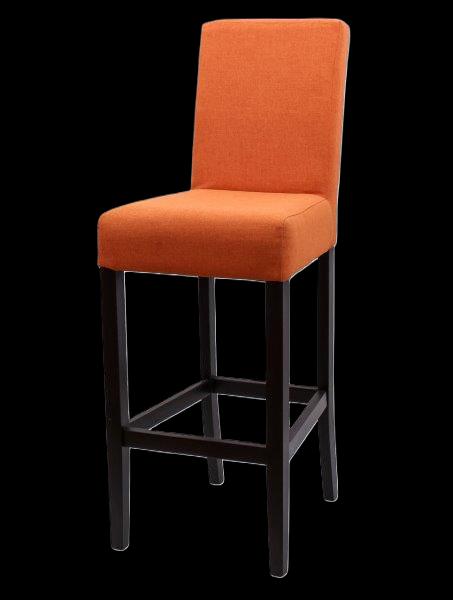 Hochstuhl mit orangefarbener Polsterung und dunklem Holzgestell.