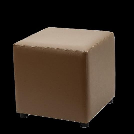 Brauner, quadratischer Hocker mit abgerundeten Ecken und kleinen Füßen.