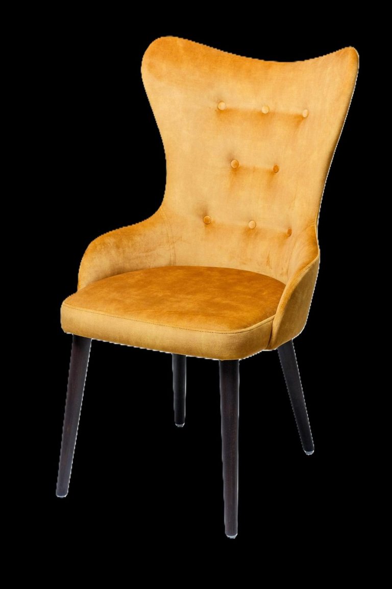Gelbe Bezug, gepolsterte Rückenlehne, elegante Holzbeine, moderne Esszimmerstuhl.