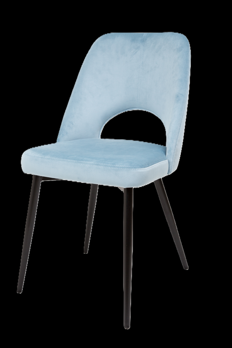 Gastronomie Stuhl Milano 2 Steel Round Blauer, gepolsterter Stuhl mit geschwungenem Rücken und schwarzen Beinen.