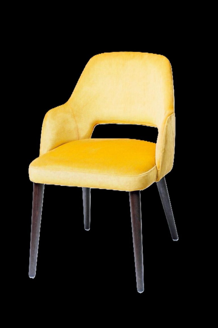 Gelbe Polsterstuhl mit Holzbeinen, modern und minimalistisch im Design.