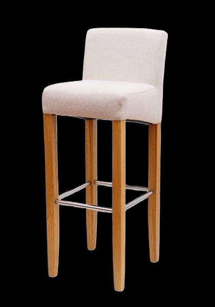 Heller Barhocker mit gepolsterter Sitzfläche und Holzbeinen.