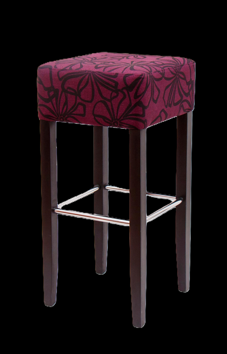 Gastronomie Barhocker London One Hocker mit rotem, floral gemustertem Sitzpolster und Holzbeinen.