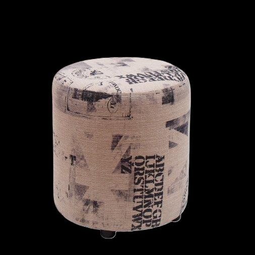 Runder Hocker mit bedrucktem Stoff in neutralen Farbtönen.