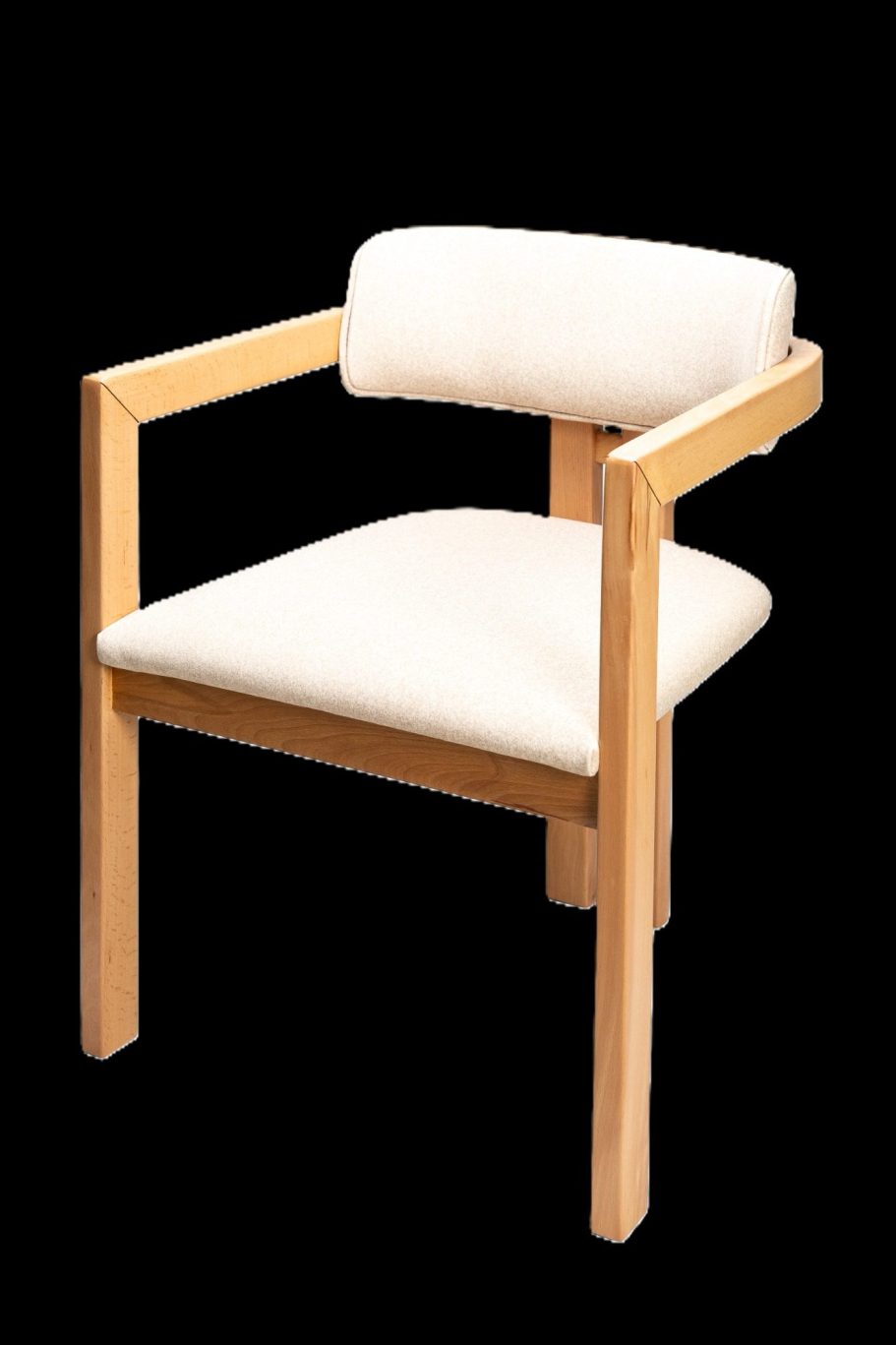 Holzstuhl mit weißem Polster und minimalistischem Design.