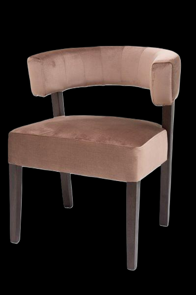 Beige Samtstuhl mit halbrückiger Lehne und schwarzen Holzbeinen.
